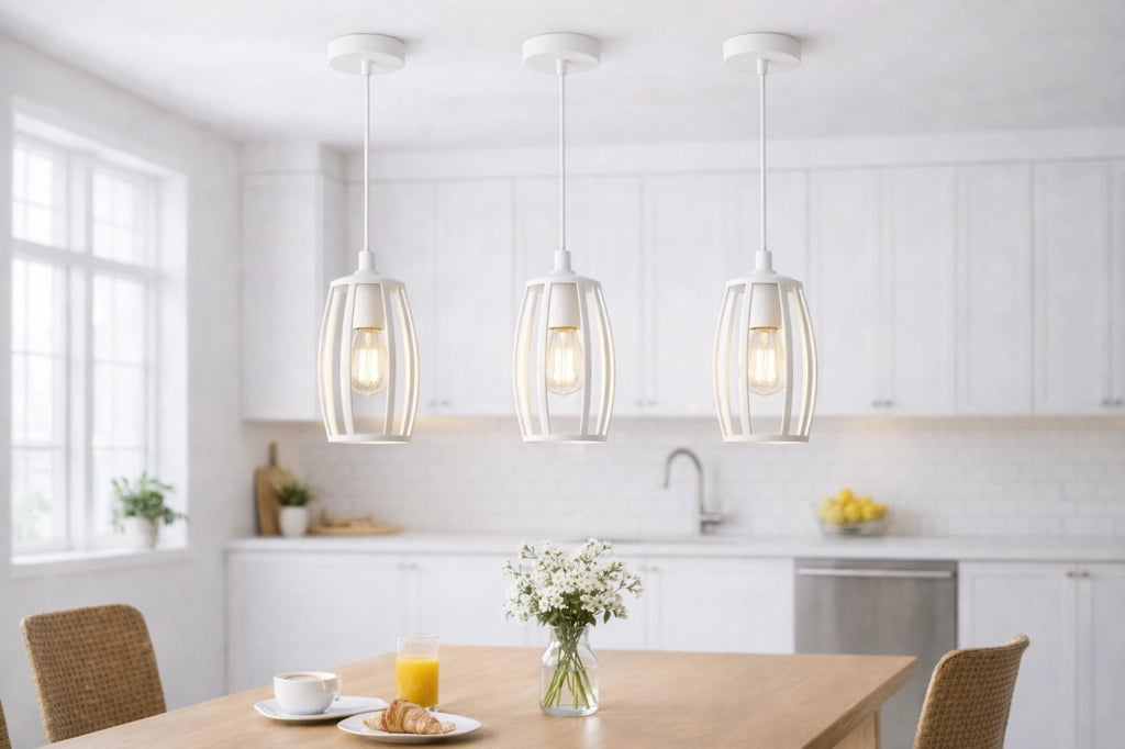 Lampadario Industriale a Sospensione E27 Bianco in Metallo, Gabbia Vintage, Lampada a Soffitto per Cucina Isola Soggiorno Ristorante, Lampadina Non Inclusa