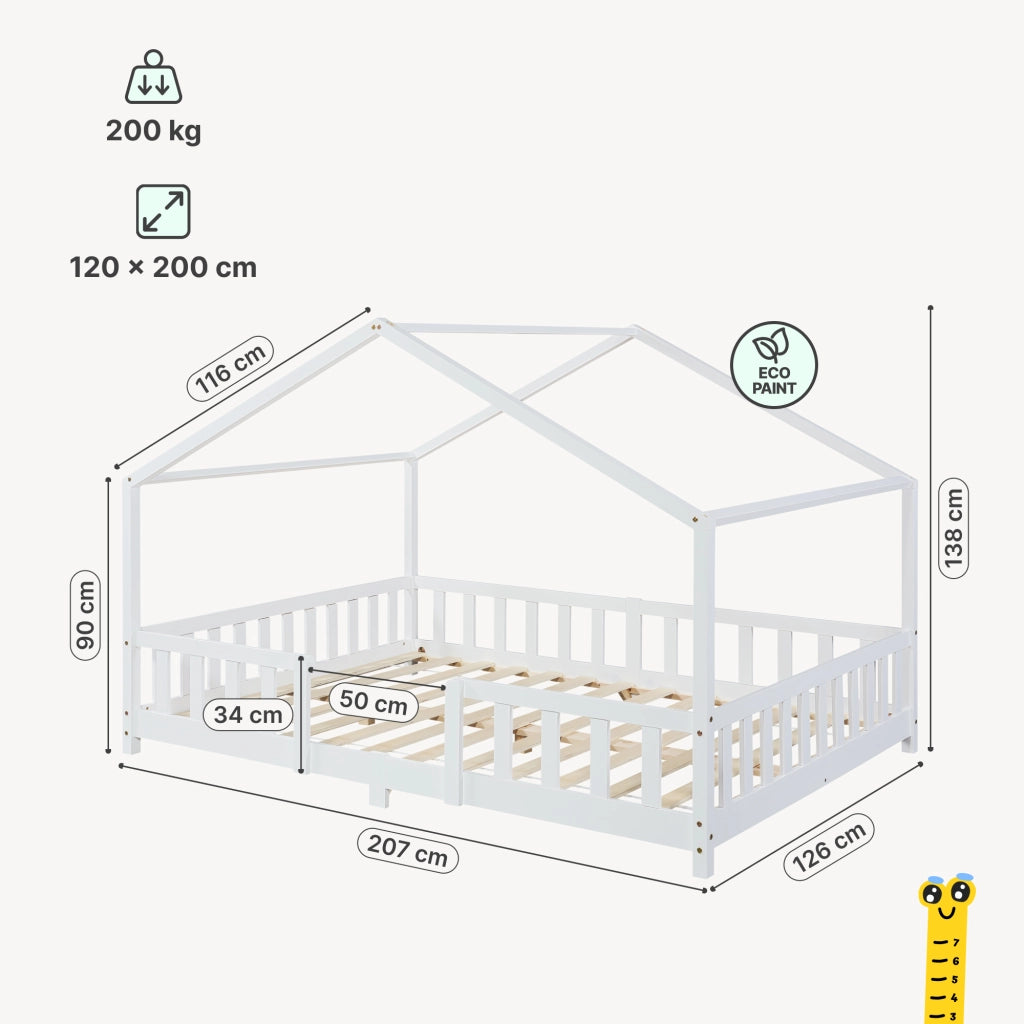 Letto per Cameretta Treviolo a Forma di Casetta in Stile Montessori 120x200 cm Bianco [en.casa]