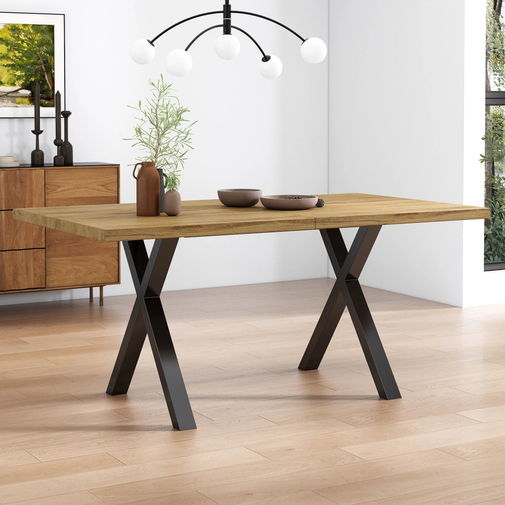 Tavolo da Pranzo Rettangolare ¨C MINIMAL ¨C Piano Rovere/Nero, Gambe Incrociate in Metallo, 140x80x76 cm