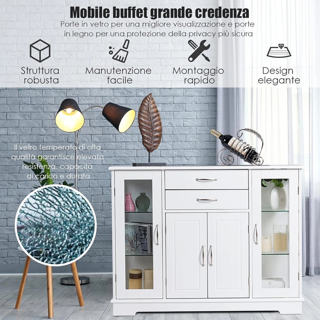 Armadio da Cucina, Armadietto Credenza con Ante in Vetro, Tavolo di Legno per Stoviglie, Armadietto con 2 Cassetti, Credenza per Cucina e Salone (Bianco)