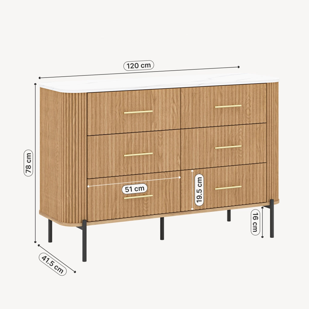 Cassettiera Kokunse Comò a 6 Cassetti 120x42x78 cm Effetto Rovere / Effetto Marmo Bianco [en.casa]