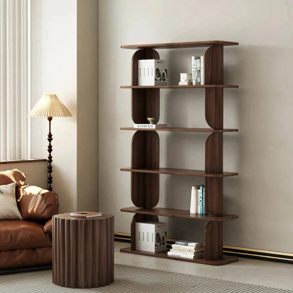 Libreria Moderna Con 5 Ripiani A Giorno Design Minimal Contemporaneo Ideale Per Soggiorno Studio Salotto Corridoio Zona Living E Ufficio In Melaminico 120 X 181.5 X 34 Cm Noce