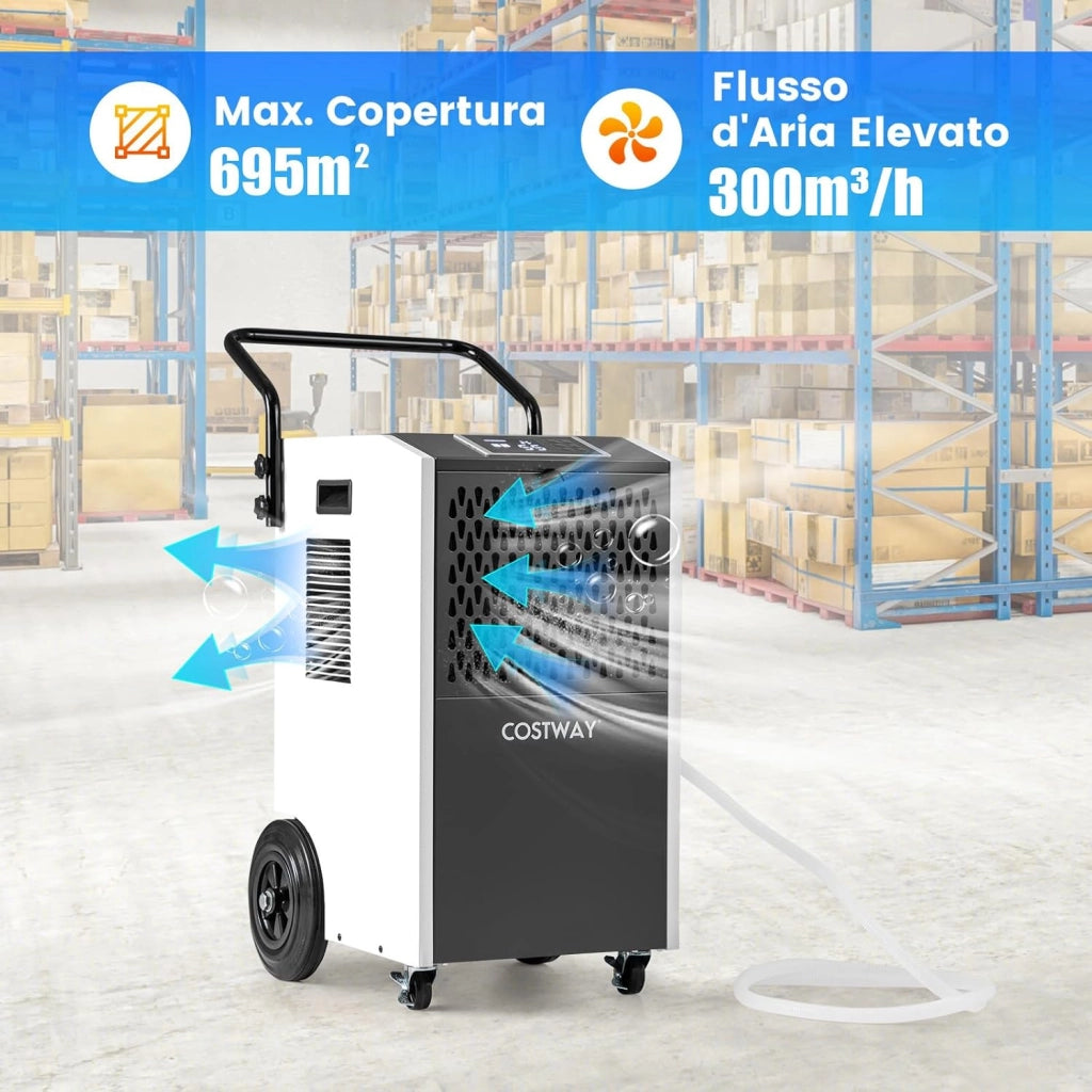 Deumidificatore Casa, Deumidificatore Elettrico con Tubo di Scarico e Timer, Deumidificatore Portatile con Ruote per Cantina, Magazzino, Fabbrica e Grandi Spazi fino a 695 m³ (Bianco)