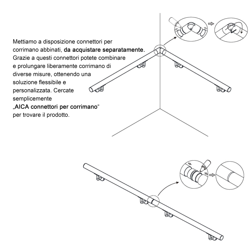 Corrimano a parete in acciaio kit inox AISI 304 nero , Lunghezza 150 cm, Ø 42,4 mm, uso interno ed esterno