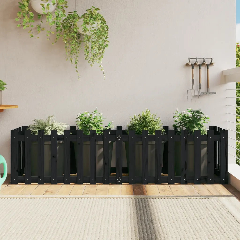 Fioriera Giardino a Recinzione-Vaso con Ringhiera-Contenitore per Piante Nera 200x50x50cm Massello Pino