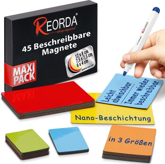 Strisce magnetiche descrittive - 45 magneti descrittivi in 3 misure (colorati) | Magnetici descrittivi per lavagne bianche, tavoli kanban e lavagne magnetiche | Magnetici descrittivi per frigoriferi