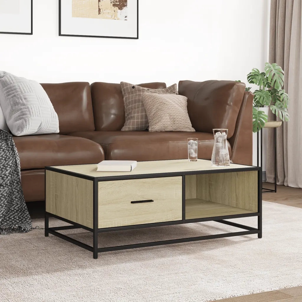 Tavolino-Tavolino da soggiorno-Tavolo Rovere Sonoma 90x57x35 cm Legno Multistrato e Metallo