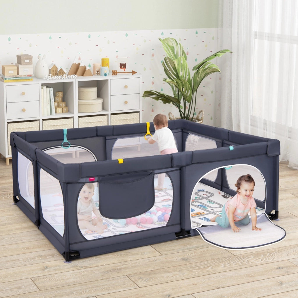 Box per bambini con materassino 4 anelli e 50 palline colorate, Recinto per bambini grande 189x158cm Grigio scuro