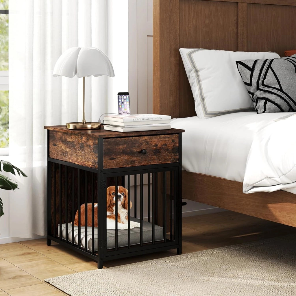 Gabbia per Cani 81 x 37 x 115 cm con 2 Prese AC, 2 Porte Usb e 1 Porta Type-C, Cuccia per Cani in Legno con Stazione di Ricarica, Cassetto e Tubi Metallici, Armadietto Multiuso