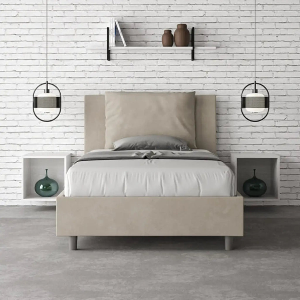 Letto una piazza e mezza senza rete imbottito 120x210 microfibra sabbia Antea