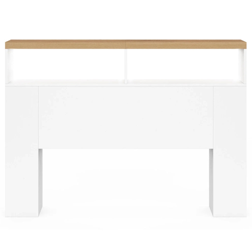 IDMarket - Testiera LUNA 145 cm LED con vani contenitori chiusi e nicchie bianche e top effetto legno