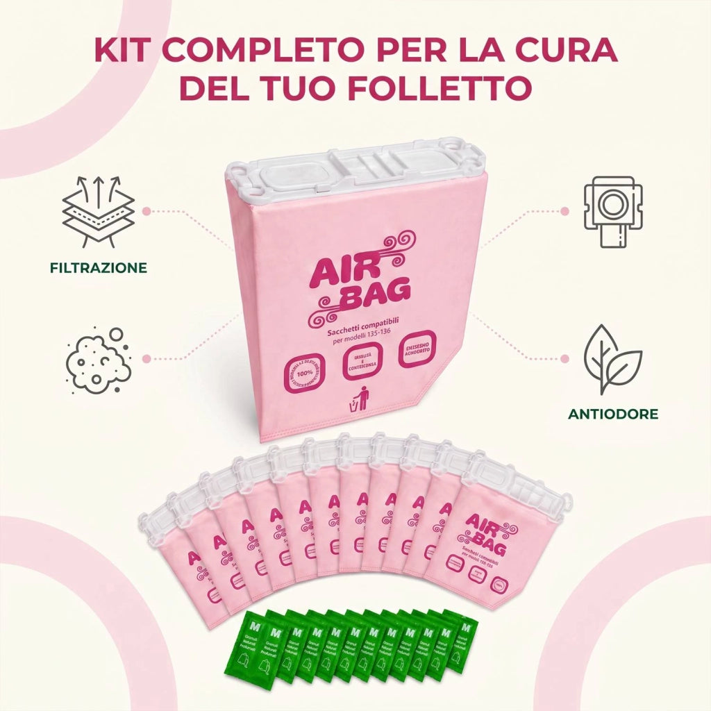 Kit 12 Sacchetti Compatibili Folletto VK135/136 a 5 Strati con 12 Bustine Granuli Profumati Filtrazione ad Alta Efficien