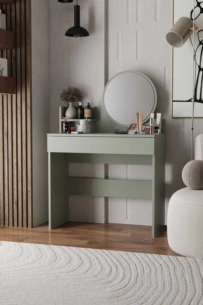 Comodino "Harmony Mini Round" con specchio in legno - 90 x 40 x 133 cm - Verde