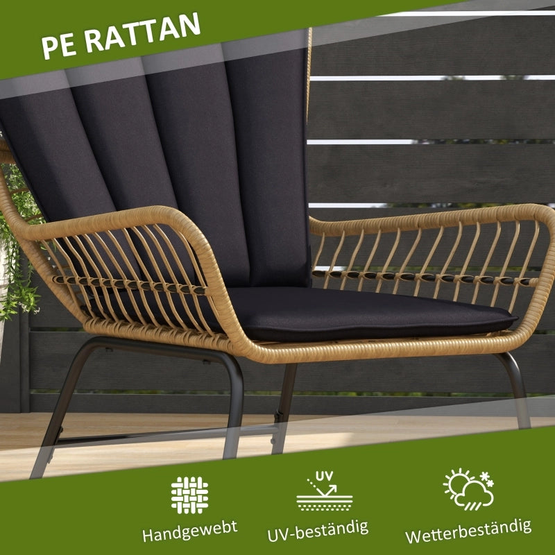 OKWISH Set da 3 Sedie da Giardino con 2 Poltrone, Tavolino Rotondo, Cuscini e Rattan Nero