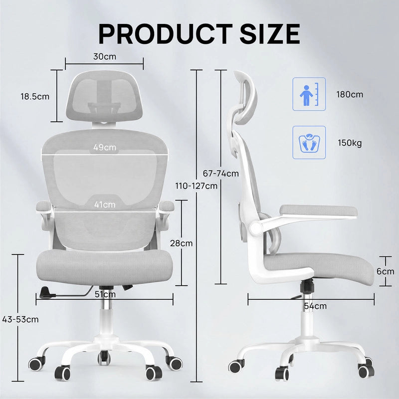 Sedia da ufficio ergonomica - Poltrona HAMLODY - con braccioli pieghevoli a 90° - Supporto lombare - Regolabile in altezza Grigio