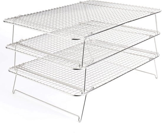 Griglia per frigorifero a 3 piani in acciaio inox, griglia per torte sovrapposte, griglia per forno risparmiò spazio, pieghevole, non aderente, 42 x 30,5 x 22 cm, per arrosti, grigliare biscotti, torte, argento