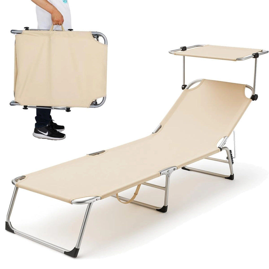 Lettino Prendisole Tettuccio Parasole Sdraio Mare Beige 3 Posizioni Pieghevole