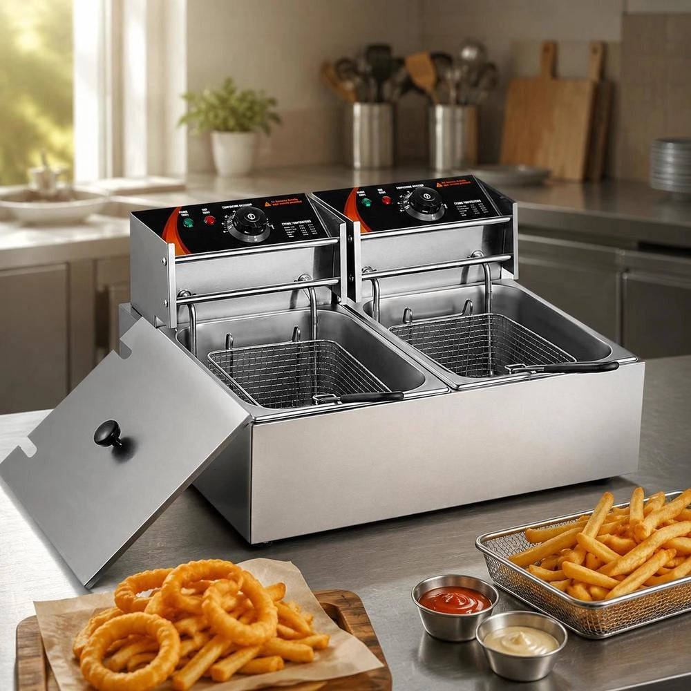 Commercial Electric Fryer, 24L Large Electric Countertop Fryer With Removable Double Basket, 5000W Stainless Steel Double Fryer For Kitchen, Restaurant
