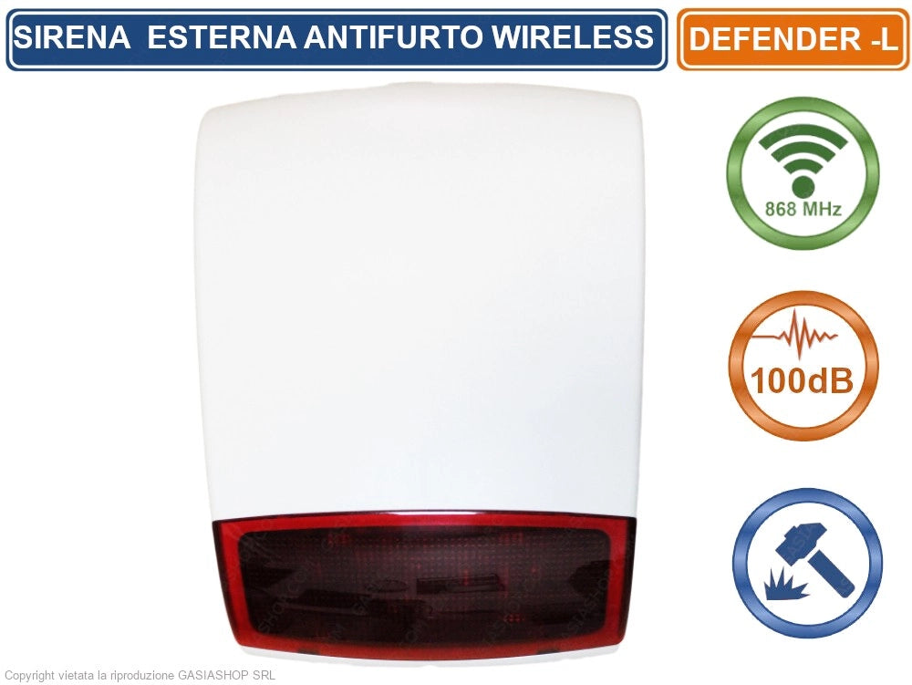 SIRENA SEGNALATORE OTTICO ACUSTICO WIRELESS 868 MHZ 100 DB PER ANTIFURTO ALLARME DEFENDER