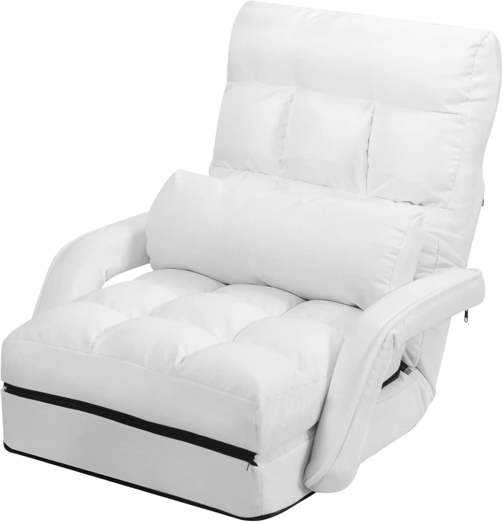 Poltrona Divano con 5 Livelli Regolabili, Sedia da Terra con Braccioli e Cuscino, Struttura in Acciaio, Multifunzione e Pieghevole per Soggiorno Camera da Letto, 55x66x71 cm (Bianco)