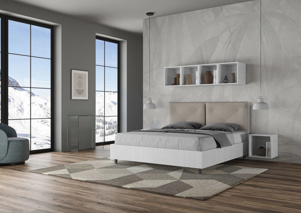 BS COM Letto matrimoniale senza rete 160x200 bianco frassino cuscini similpelle tortora