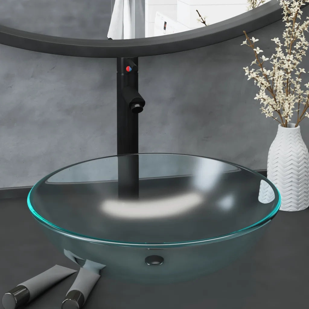 Lavandino con Rubinetto e Piletta-Lavabo-Lavello in Vetro Temperato Satinato 519386