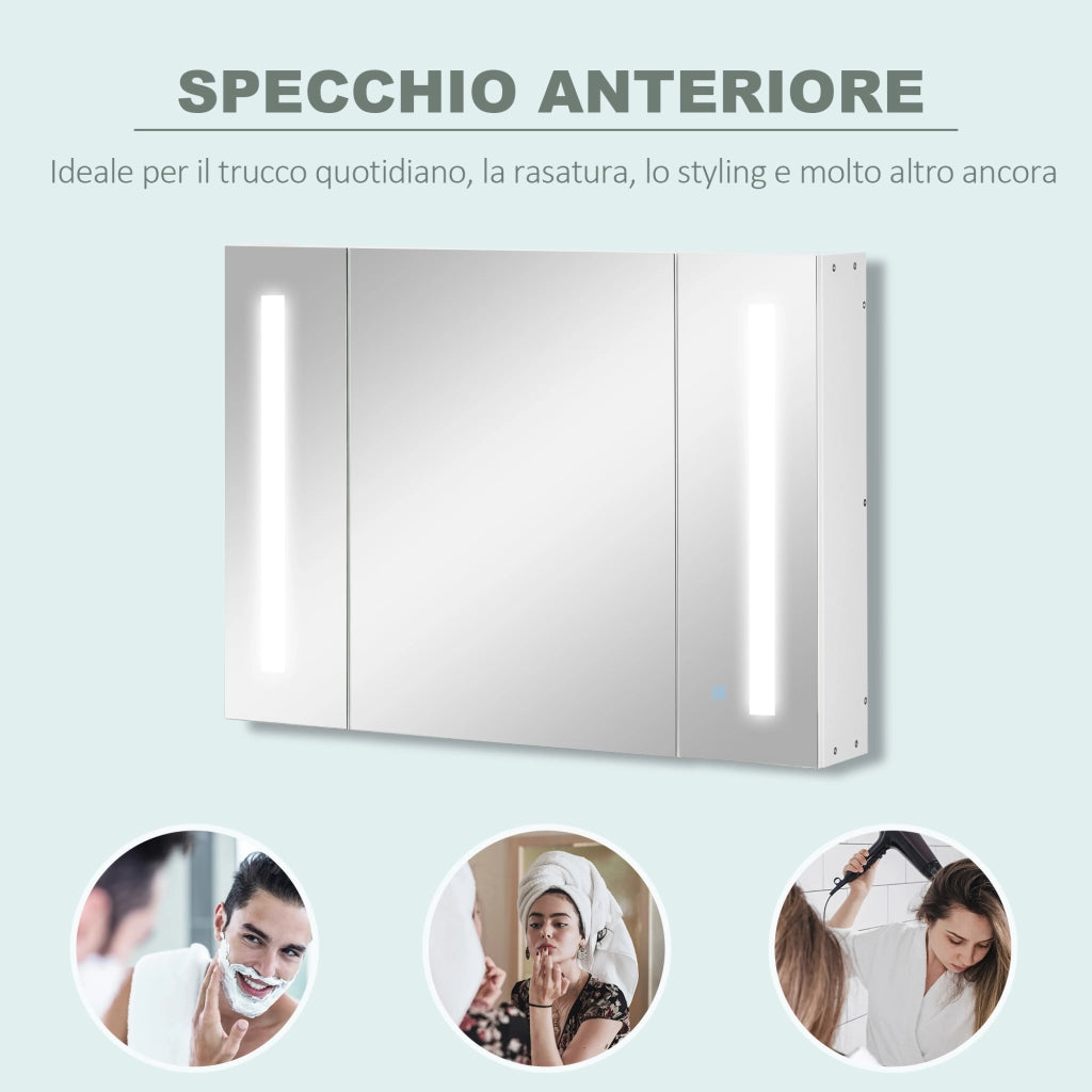 Armadietto Specchiera da Bagno con 3 Armadietti, 3 Ripiani e Luce LED, 90x15x65 cm, Bianco