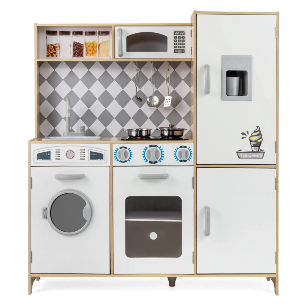 Cucina giocattolo in legno integra macchina del ghiaccio e piano cottura, Cucina giocattolo integra forno e microonde Legno naturale