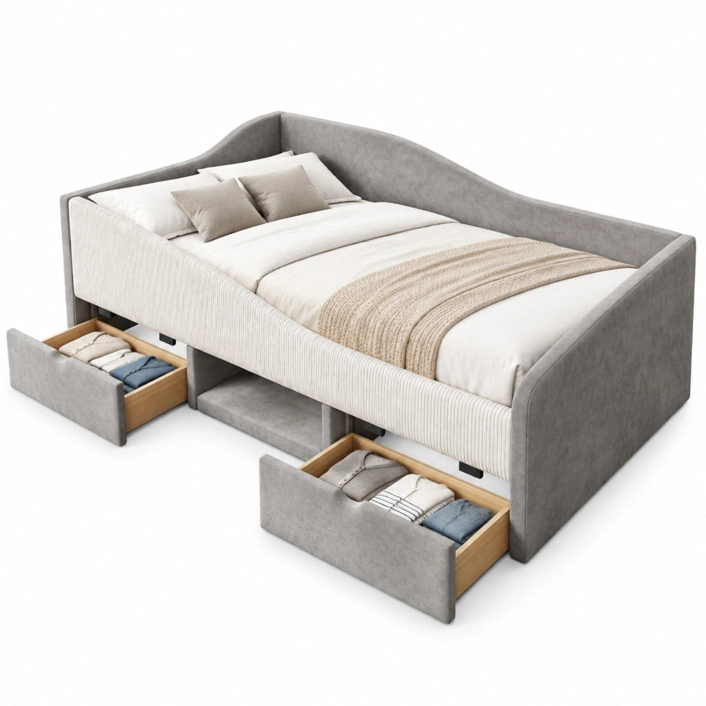 Letto imbottito per bambini grigio 90 x 190 cm con cassetti e sponde