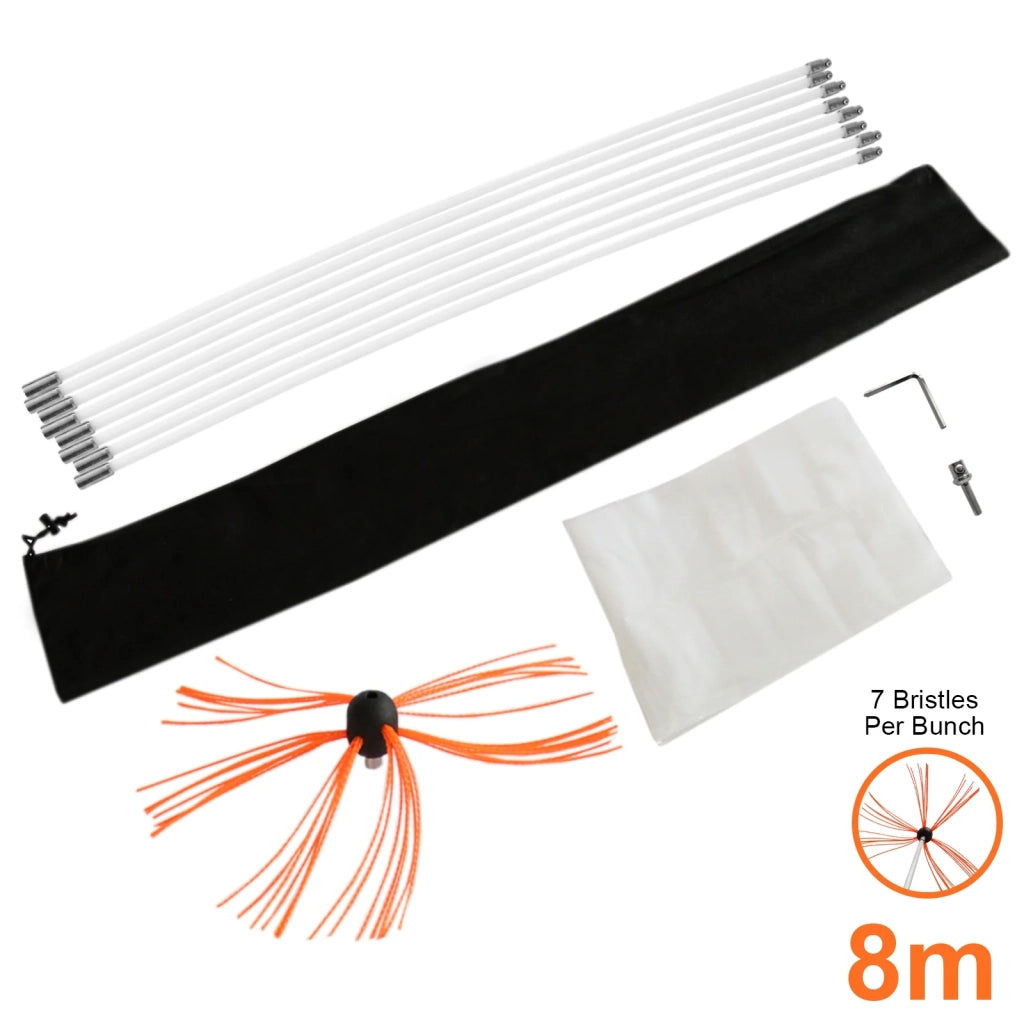 Scovolo Spazzacamino per Trapani Avvitatori con Adattatore Spazzola Camino Canna Fumaria Ciminiera Asta Nylon Flessibile con 6 Spazzole da 7 Setole - 8m