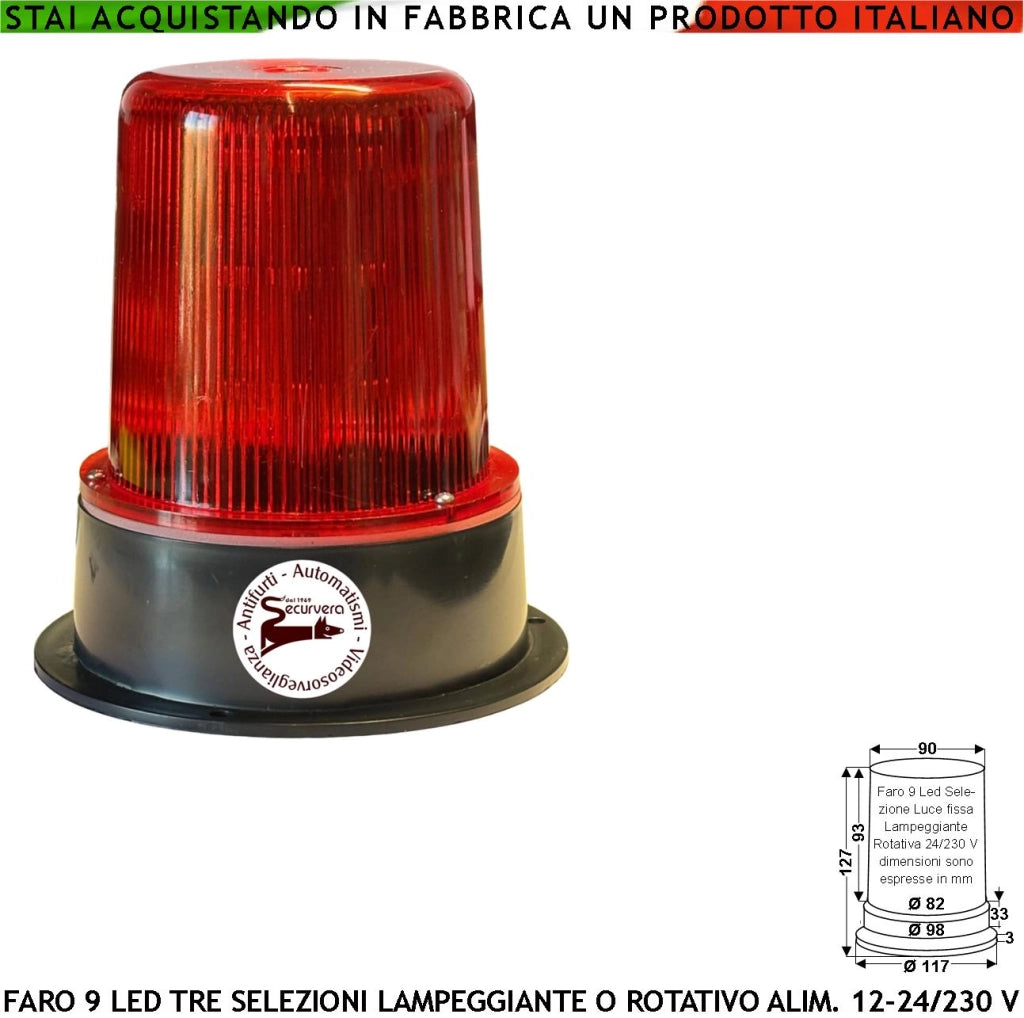 Segnale Rosso 9 Led su 3 Steli Funzioni Luce Fissa Lampeggiante o Rotante Alimentazione 12/24/230 V Montaggio a Palo o Parete Ripetitore Semaforo o Monitore su Automatismi Contenitore Metacrilato IP55
