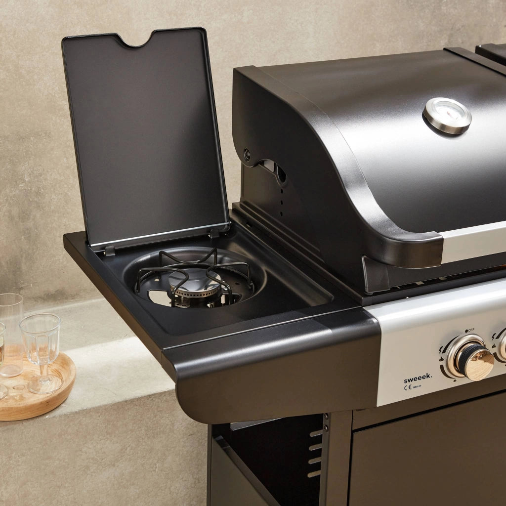 Barbecue a gas 2 in 1, 3 bruciatori + 1 fuoco laterale, nero