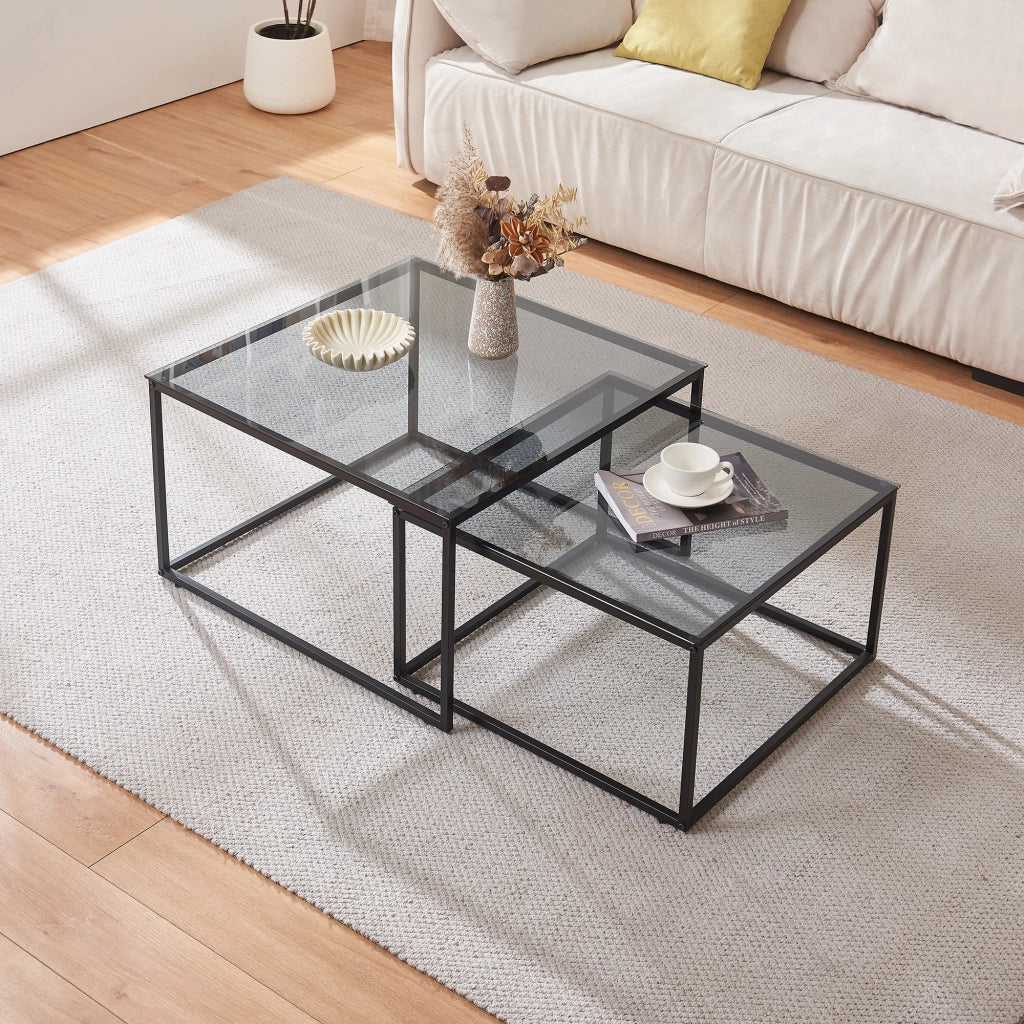 Set Tromlaslo di 2 Tavolini Sovrapponibili con Piano in Vetro Fumé Grigio [en.casa]