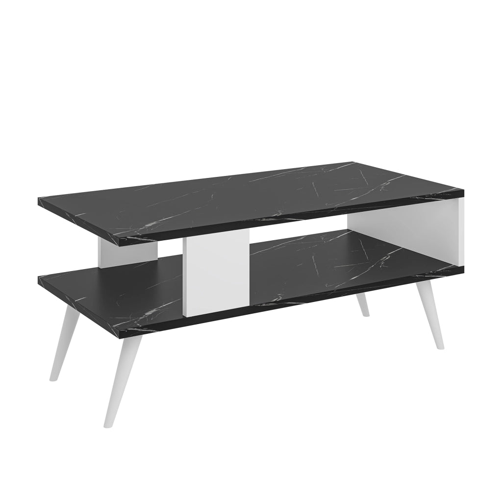 Tavolino Basso da Divano 'Lycksele' con Scomparto Semiaperto e 4 Piedini - Effetto Marmo Nero / Bianco [en.casa]
