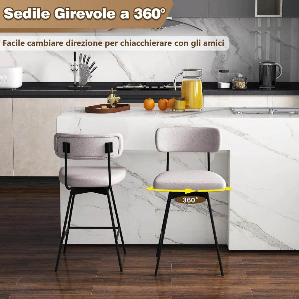 Set di 2 Sgabelli da Bar Girevoli a 360°, Sgabelli da Cucina con Schienale, Poggiapiedi, Sedia Alta Moderna Imbottita Struttura in Metallo, Altezza 90,5 cm, Capacità di 150 kg (Beige)
