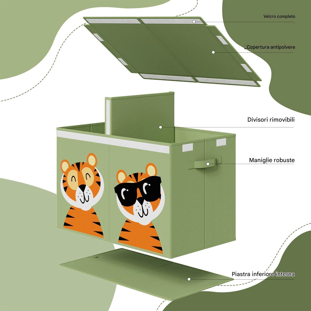 Box Contenitore Giocattoli con Animali Doppio Pieghevole 80L Verde Salvaspazio