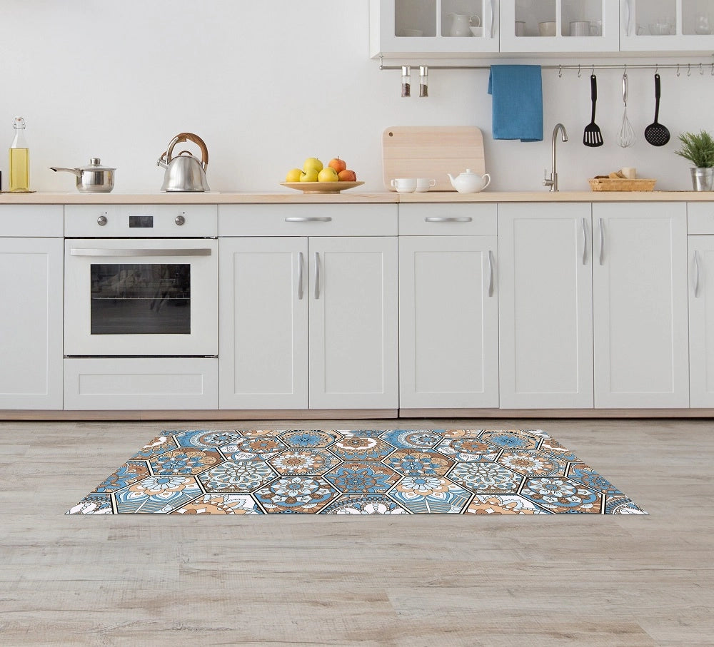 Tappeto Cucina Antiscivolo Made in Italy Passatoia Antimacchia Multiuso Corridoio Soggiorno Lavabile in Lavatrice - 50x550 - Esagoni celesti