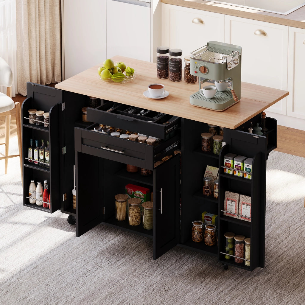 Isola cucina mobile in MDF nera e naturale con piano allungabile