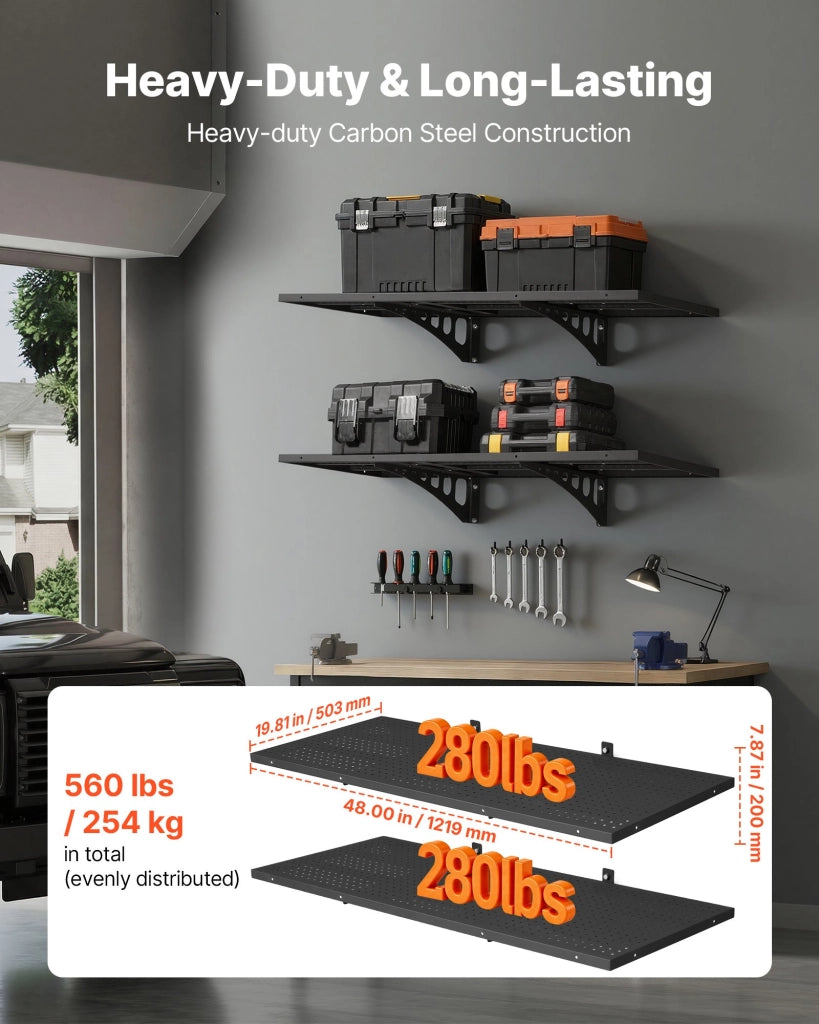 Set 2 Mensole da Parete in Acciaio Nero 122x50,3 cm, Scaffale Sospeso Robusto Carico 254 kg per Garage e Officina