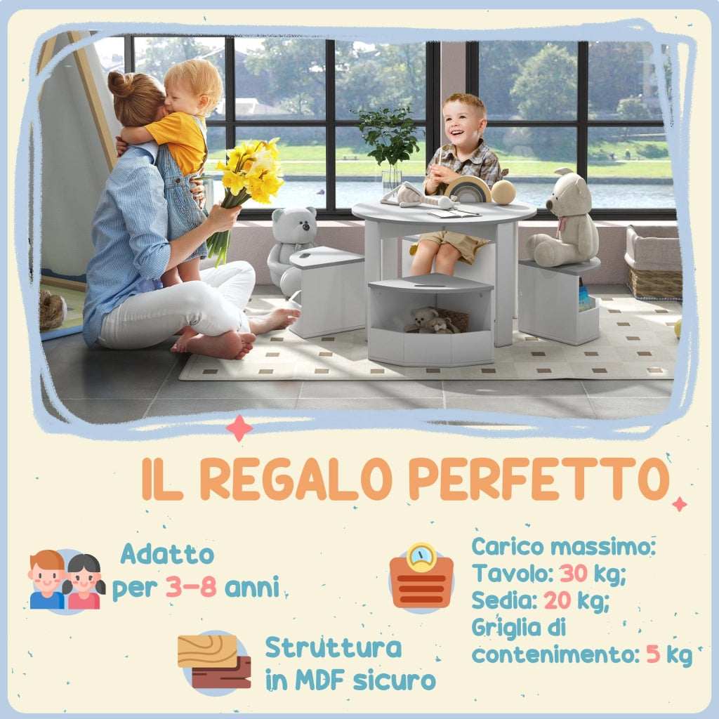Set Tavolo con 4 Sgabelli Salvaspazio con Vano Contenitore in Legno Grigio