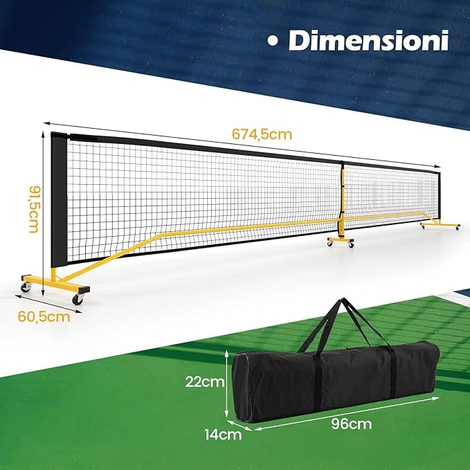 Rete Pickleball Portatile da 6,7 m con Ruote, Rete per Tennis con Telaio in Metello e Borsa da Trasporto, per Badminton ed Allenamento Multifunzionale Resistente da Interno ed Esterno