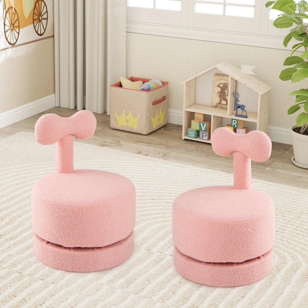 Sgabelli per bambini rivestiti in velluto con schienale a fiocco, Set di 2 sedie girevoli a 360¡ã per soggiorno Rosa