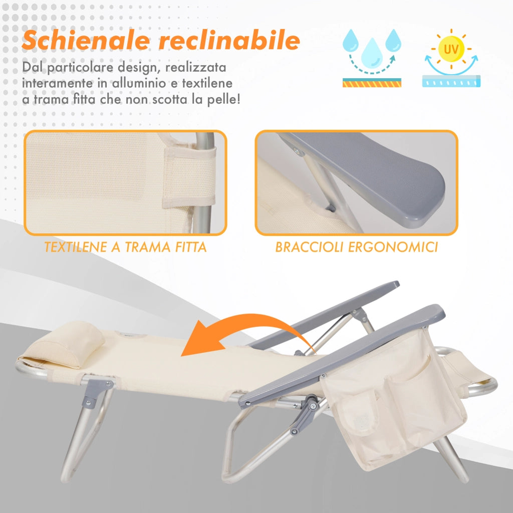 Set 2 Sedie Mare Spiaggine Pieghevoli in Alluminio con Poggiatesta e Tasca Laterale, Sdraio Spiaggia Basse con Braccioli, Tessuto Textilene Traspirante e Resistente, per Mare Campeggio Giardino, Beige