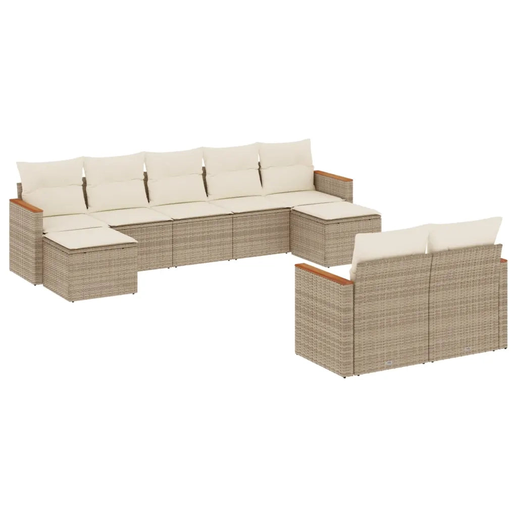 Set Divano da Giardino 9 pz con Cuscini Beige in Polyrattan