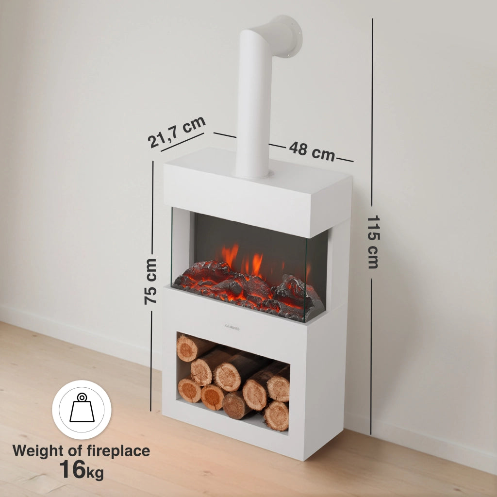 KAMINIO Camino elettrico HENRI con tubo del camino - Stufa elettrica riscaldamento, fiamma 3D, luce ambiente, scomparto de legno, telecomando - Bianco
