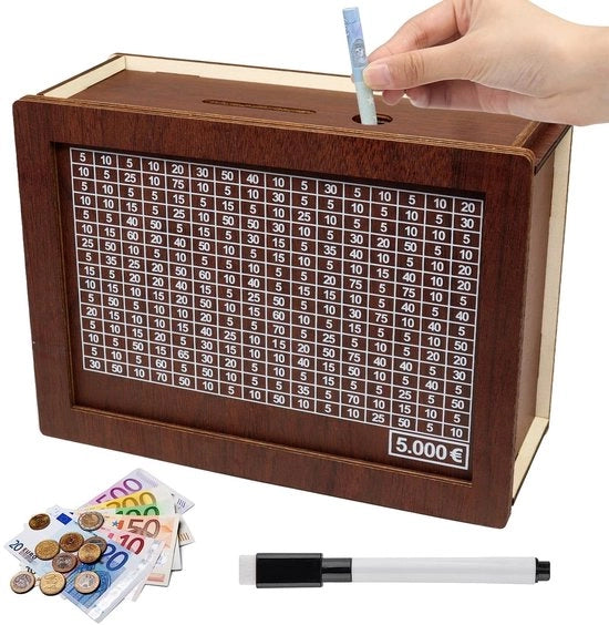 Spaarpot in legno con contatore - Spazio di risparmio in legno - Reutilizzabile - Cassetto di risparmio con numeri - Adatto a bambini/Adulti - In legno duraturo 20x7,5x14,5 cm - Cassetto di risparmio con coda di castoro