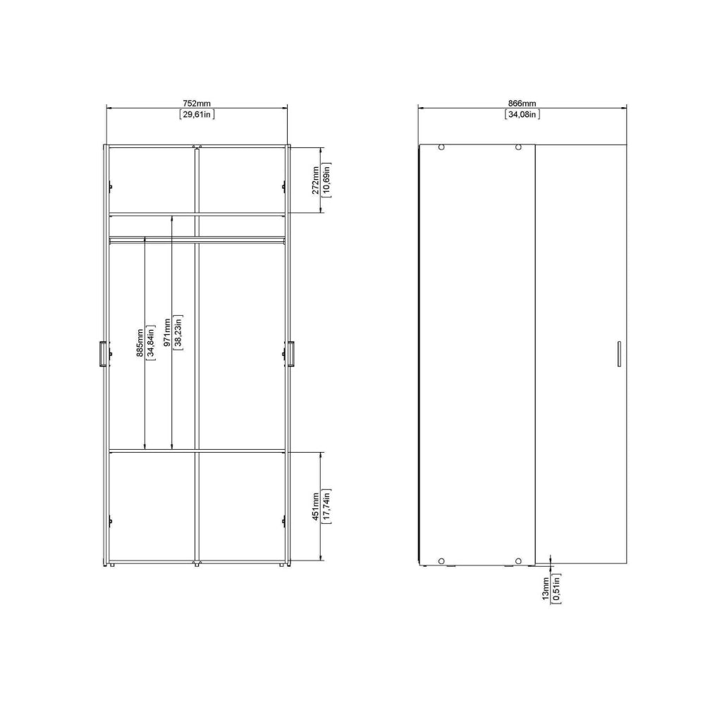Armadio guardaroba a due ante battenti con due ripiani interni e barra Alibabba, colore bianco, Misure 77 x 175 x 49 cm