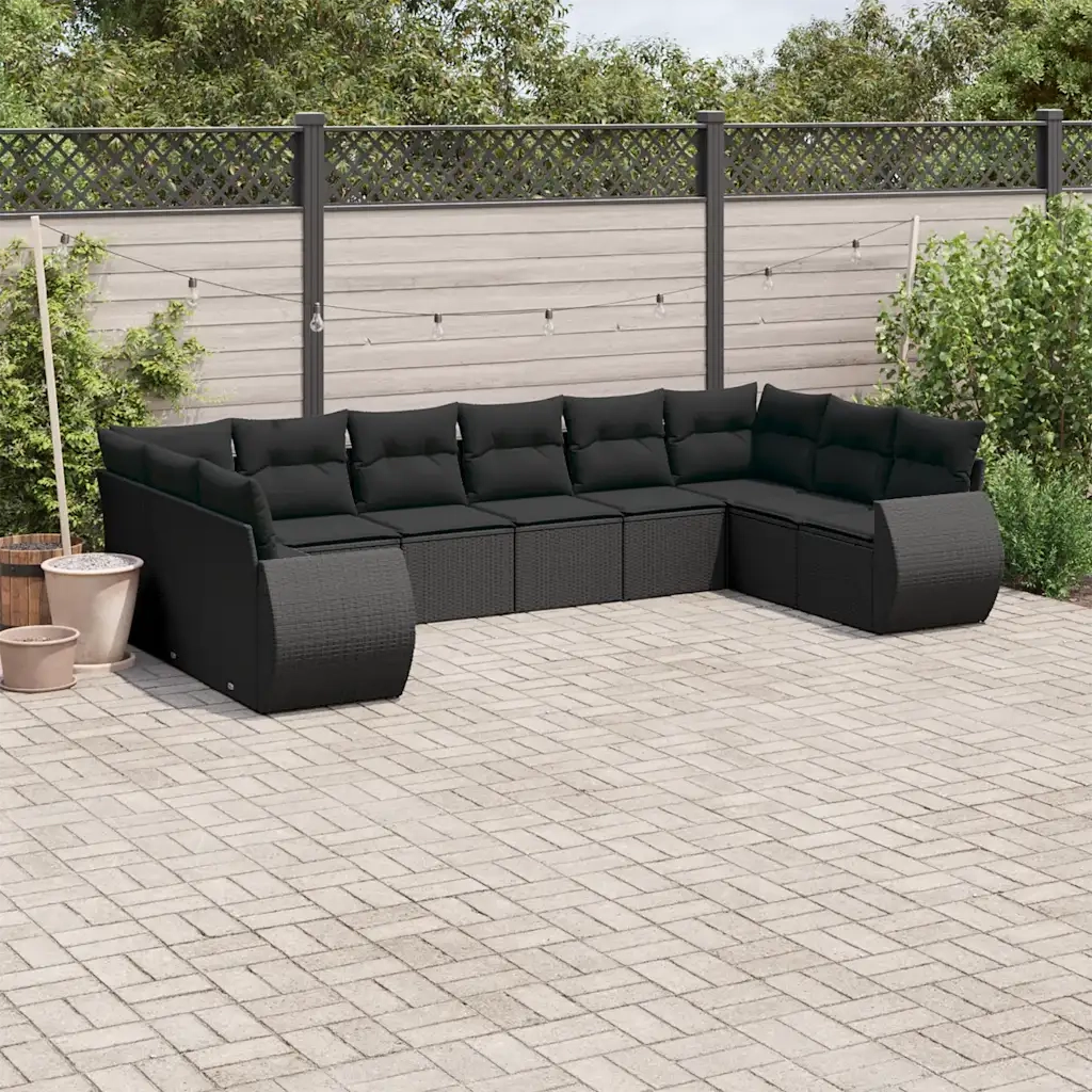 Set Divani da Giardino 10pz con Cuscini in Polyrattan Nero 3221864