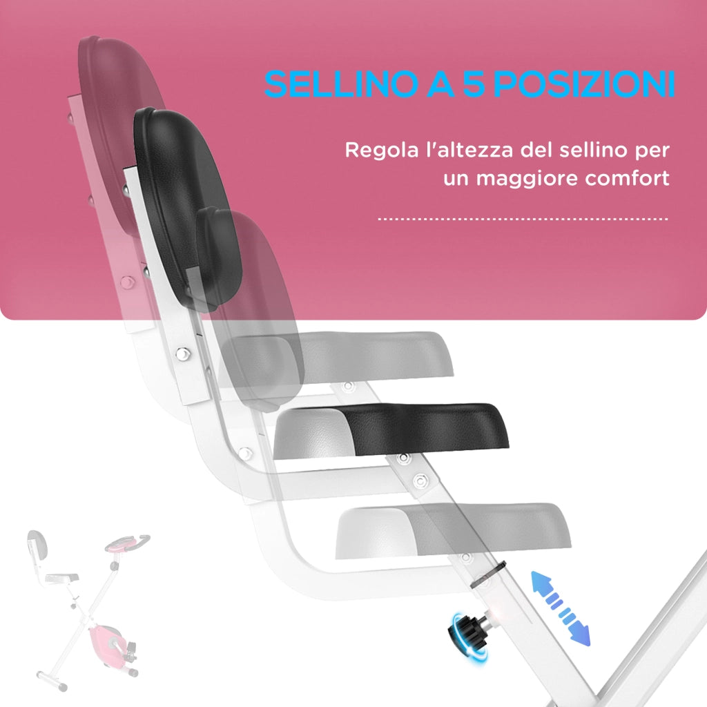 Cyclette Pieghevole da Fitness in Acciaio, Cyclette Magnetica Pieghevole da Casa con Altezza Regolabile, Resistenza Magnetica a 8 Livelli, Schermo LCD, 43x97x109cm, Rosa