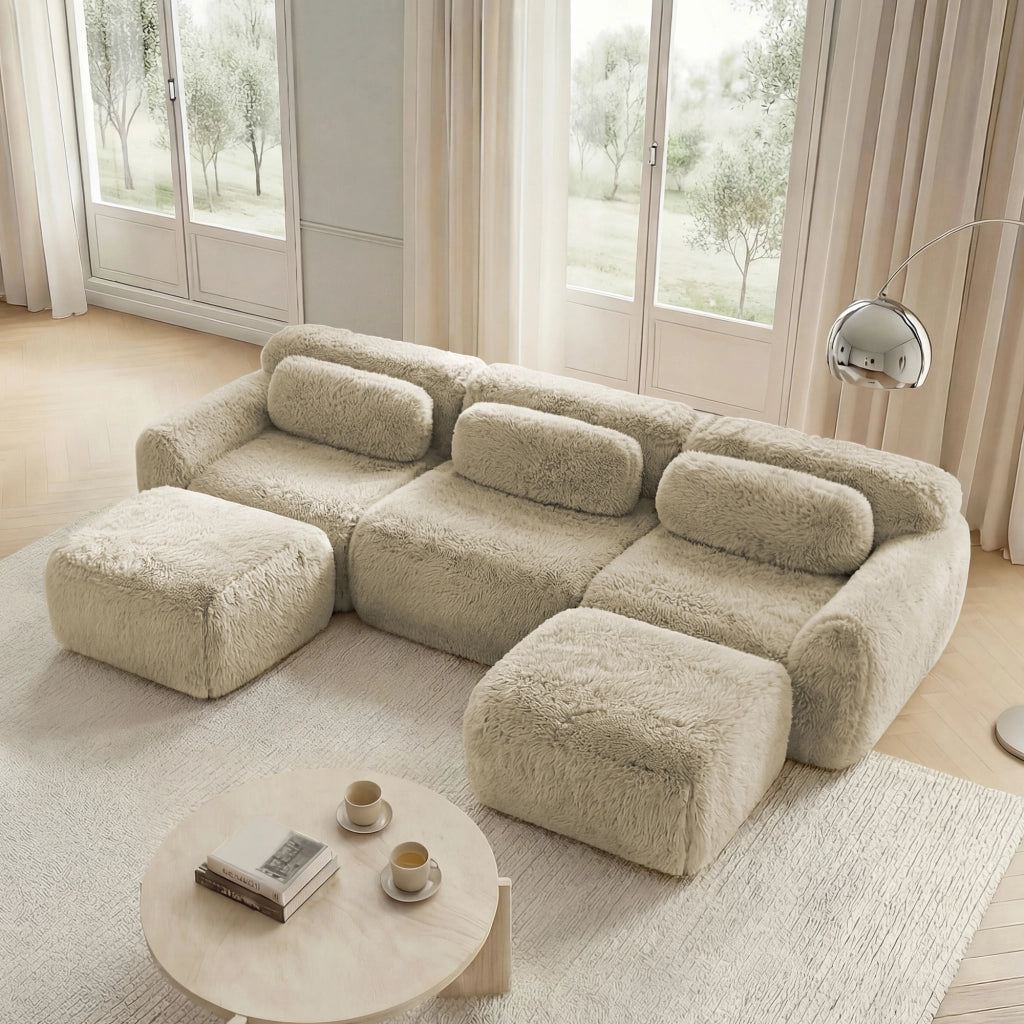 Divano Modulare a U ¨C Xylo ¨C Tessuto Peluche, con Cuscini, Chiaro